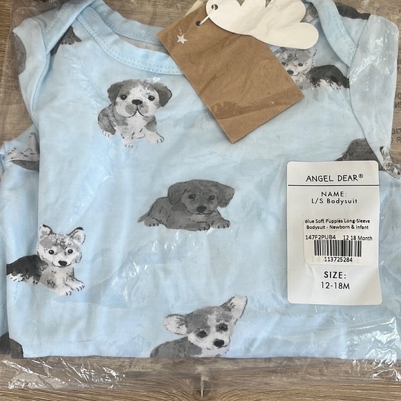 NWT Angel Dear Bamboo Baby Long Sleeve Bodysuit Onesie Blue Puppies 12-18m - Picture 2 of 4